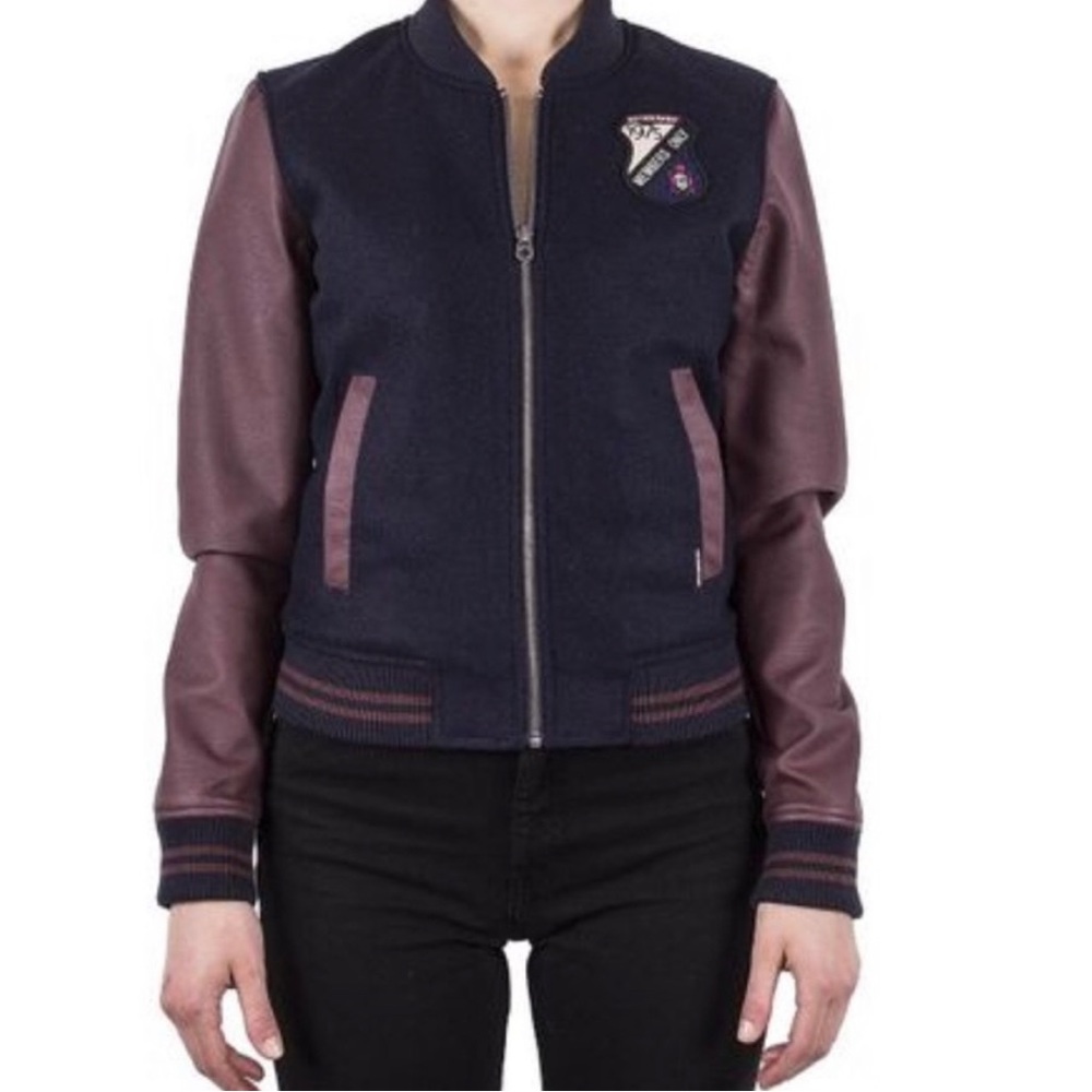 MEMBERS ONLY Varsity Jacket - Navy Blue Wool with Burgundy Leather Sleeves